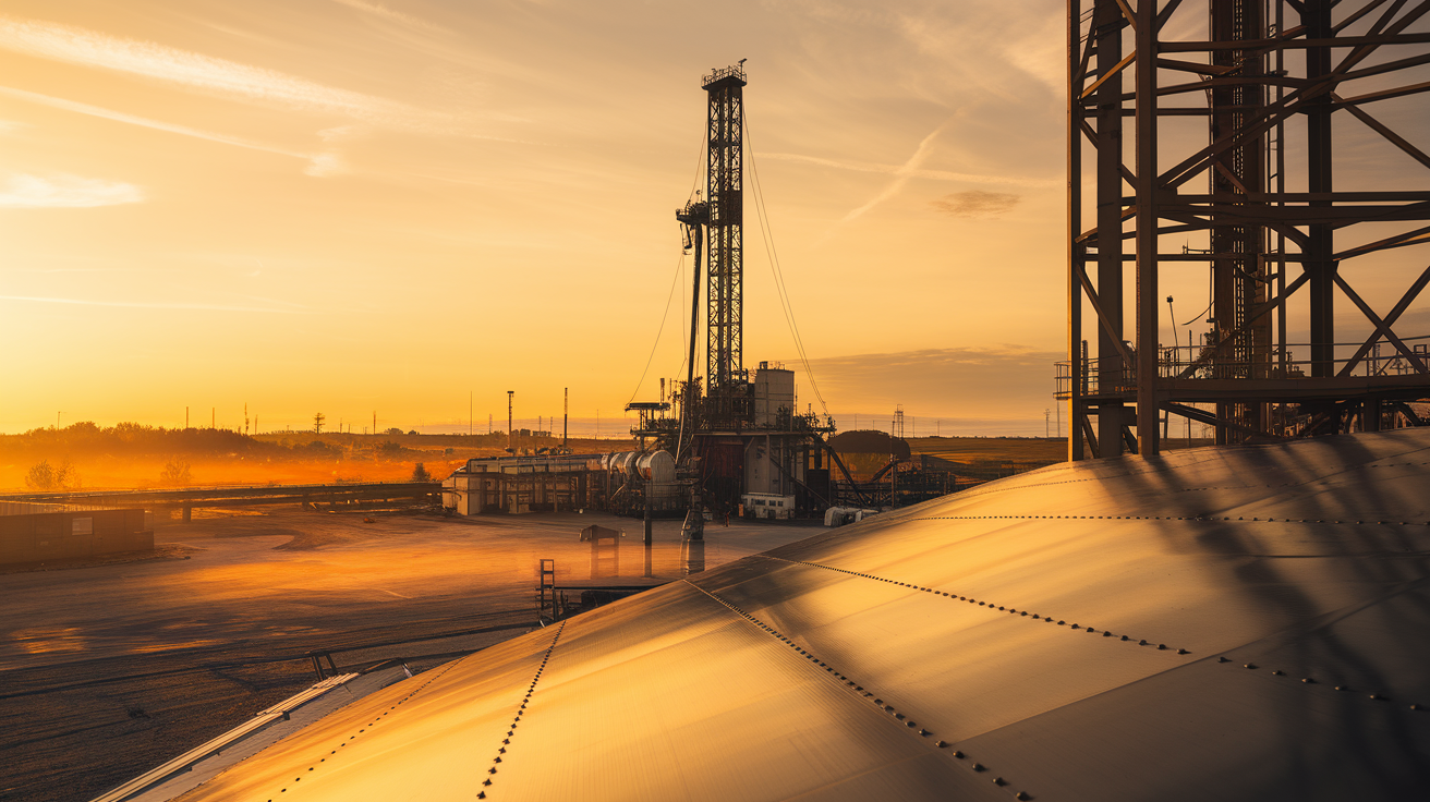 Oilfield services rig at sunset