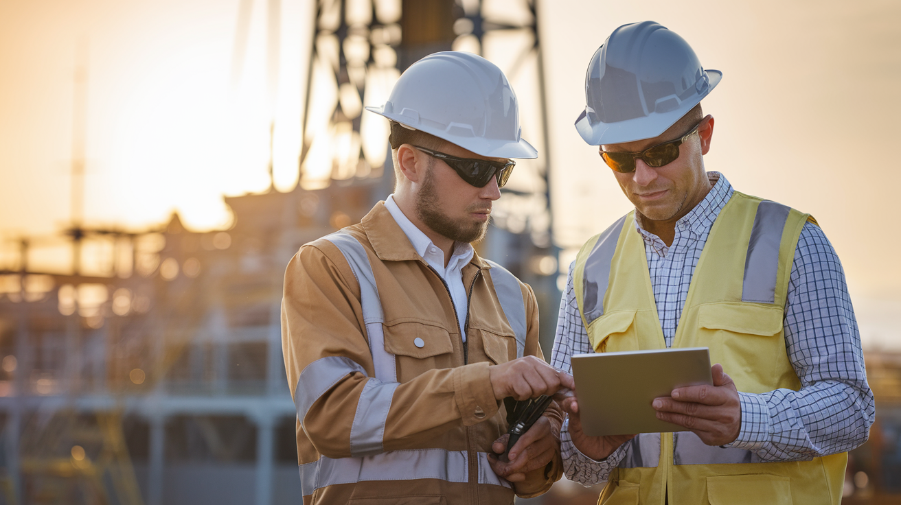 Engineers working on a blueprint