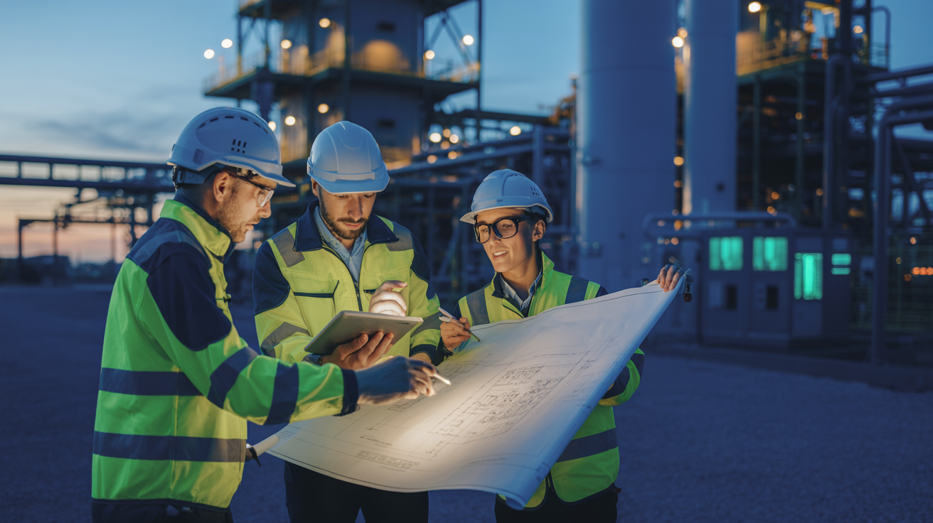 Engineers reviewing plans at an oil rig site
